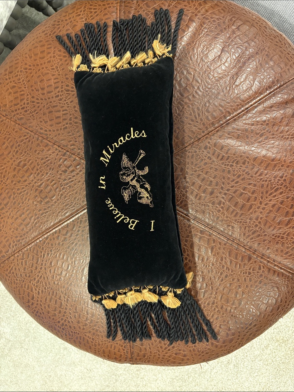 Black Velvet Decorative Pillow with Gold Embroidery